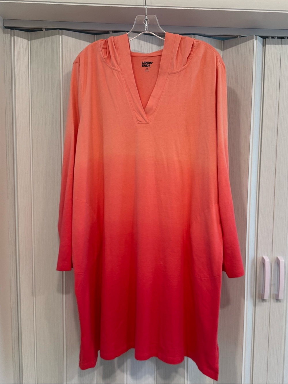 NWOT Lands' End Women's Coral Ombre V-Neck Swim Coverup Dress 100% cotton